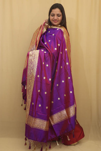 Exquisite Purple Handloom Banarasi Pure Katan Silk Dupatta - Luxurion World