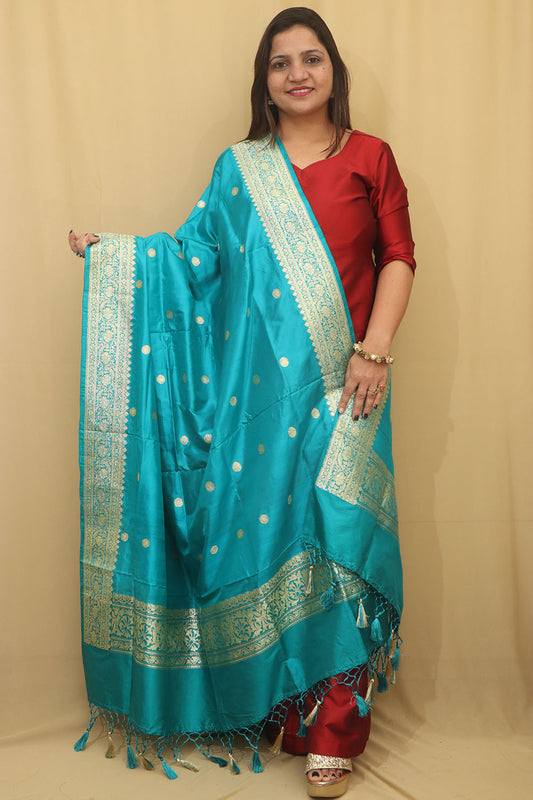 Exquisite Blue Handloom Banarasi Pure Katan Silk Dupatta - Luxurion World