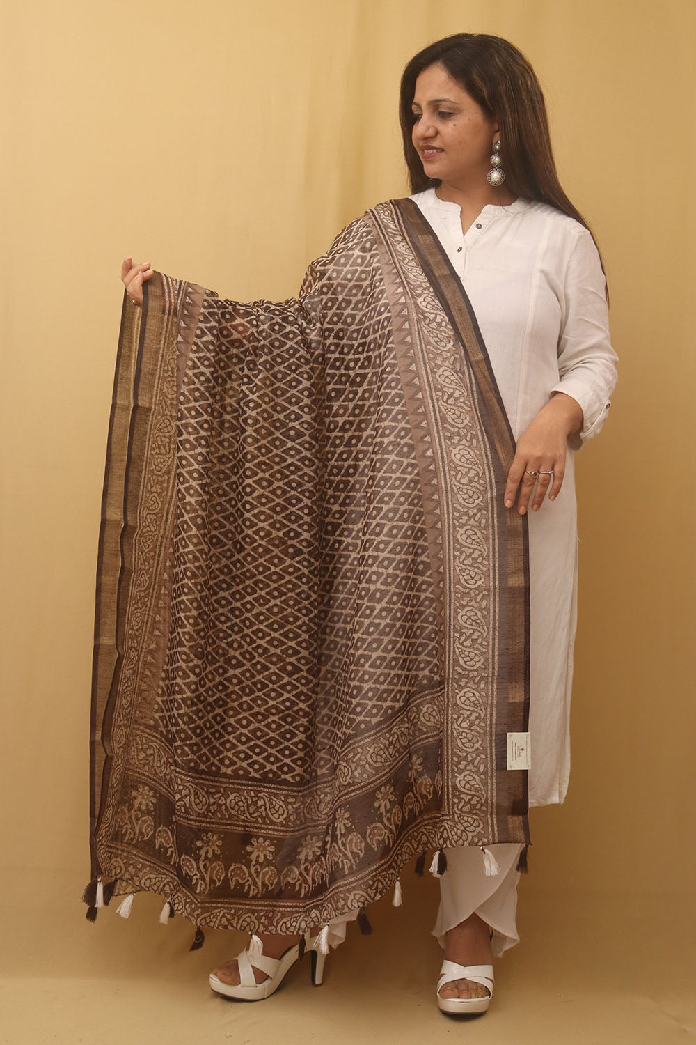 Brown Block Printed Chanderi Silk Dupatta - Luxurion World