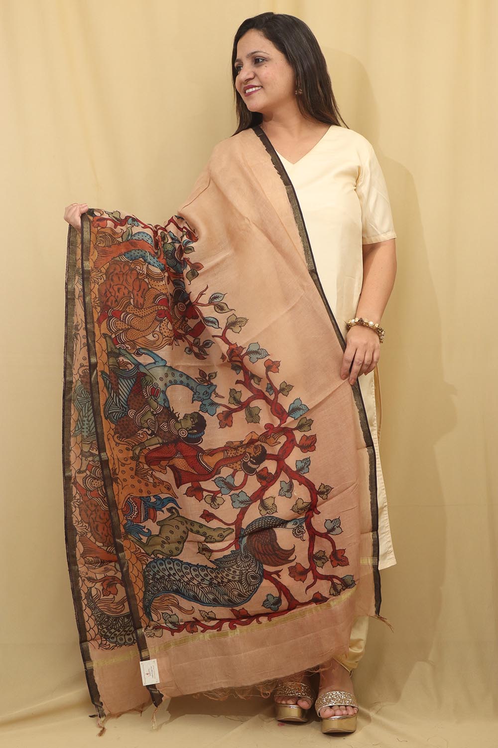 Vibrant Multicolor Kalamkari Hand Painted Silk Dupatta - Luxurion World