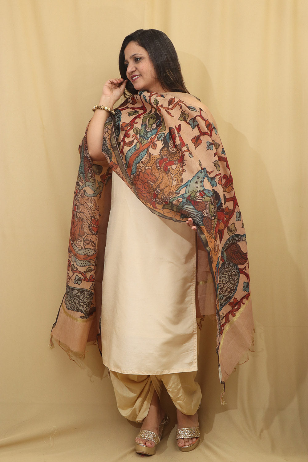 Vibrant Multicolor Kalamkari Hand Painted Silk Dupatta - Luxurion World