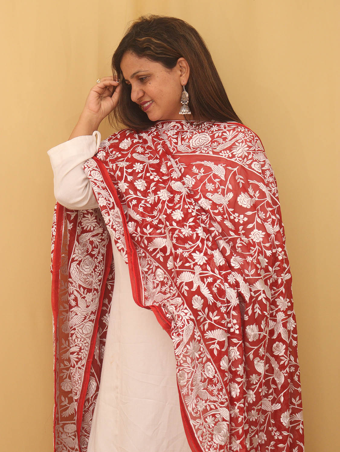 Orders Orange Red Embroidered Crepe Silk Dupatta / Vegan Silk / Free Shipping in US