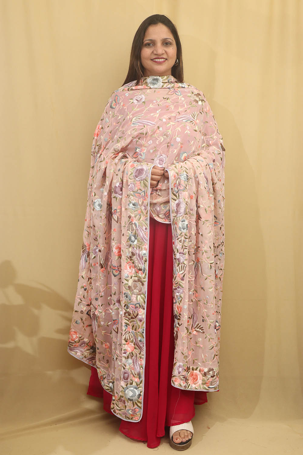 Peach Parsi Hand Embroidered Pure Georgette Dupatta - Luxurion World