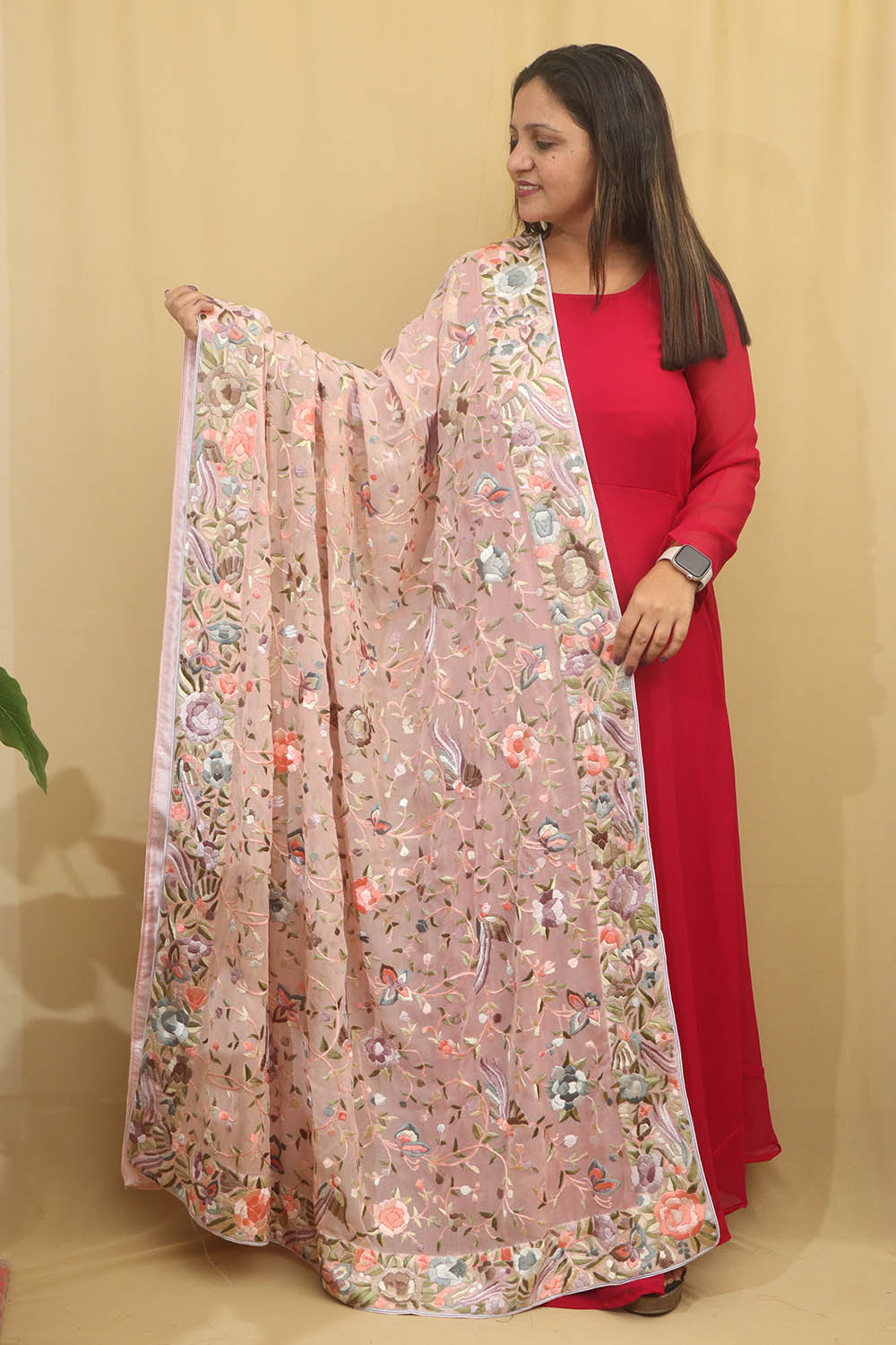 Peach Parsi Hand Embroidered Pure Georgette Dupatta - Luxurion World