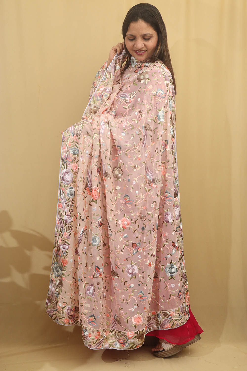 Peach Parsi Hand Embroidered Pure Georgette Dupatta - Luxurion World