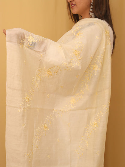 Pastel Embroidered Trendy Cotton Silk Dupatta - Luxurion World