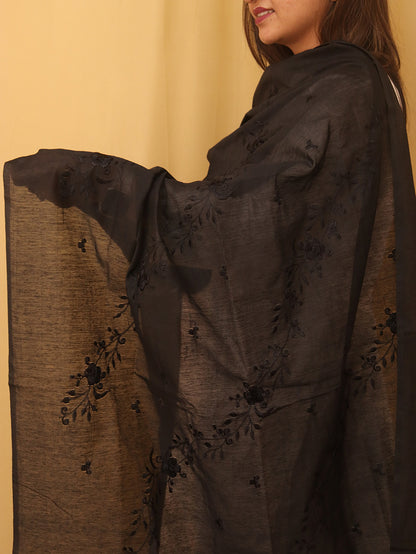 Black Embroidered Trendy Cotton Silk Dupatta - Luxurion World