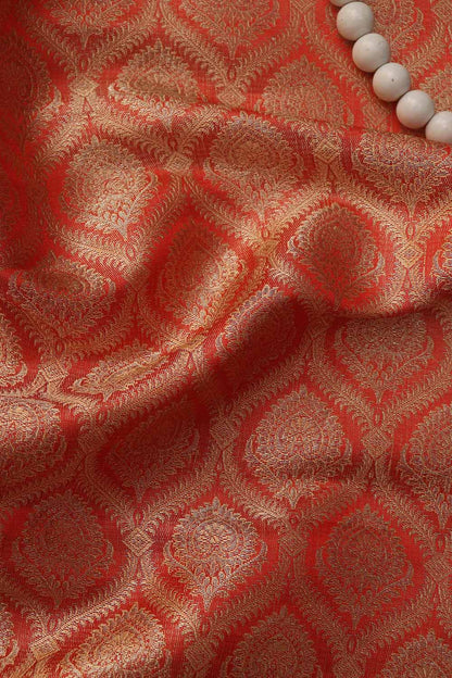 Orange Banarasi Brocade Silk Fabric ( 1 Mtr ) - Luxurion World