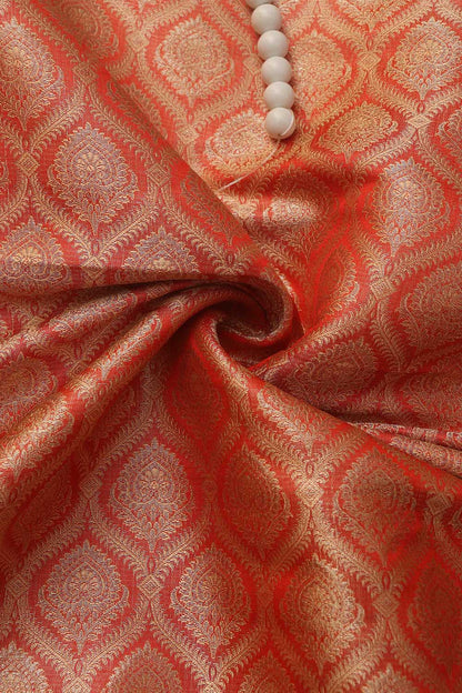 Orange Banarasi Brocade Silk Fabric ( 1 Mtr ) - Luxurion World