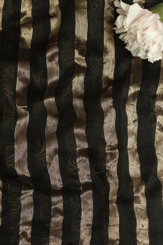 Elegant Black Banarasi Chanderi Silk Stripes Design Fabric ( 1 Mtr ) - Luxurion World