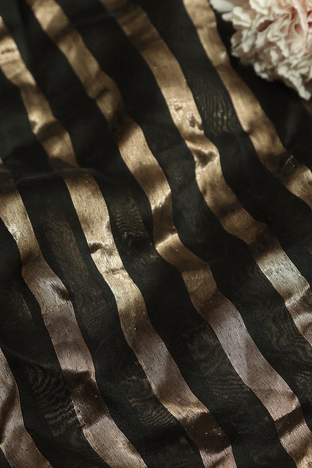 Elegant Black Banarasi Chanderi Silk Stripes Design Fabric ( 1 Mtr ) - Luxurion World