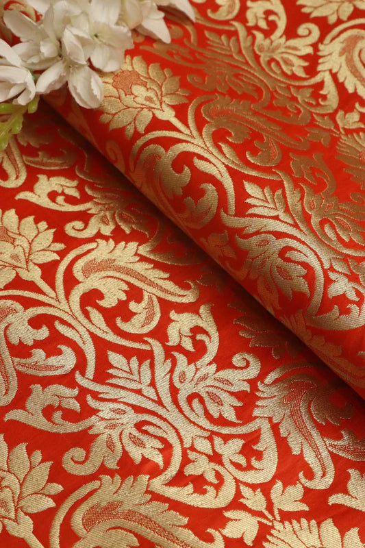 Orange Banarasi Kimkhwab Silk Fabric - Luxurious Elegance ( 1 Mtr ) - Luxurion World