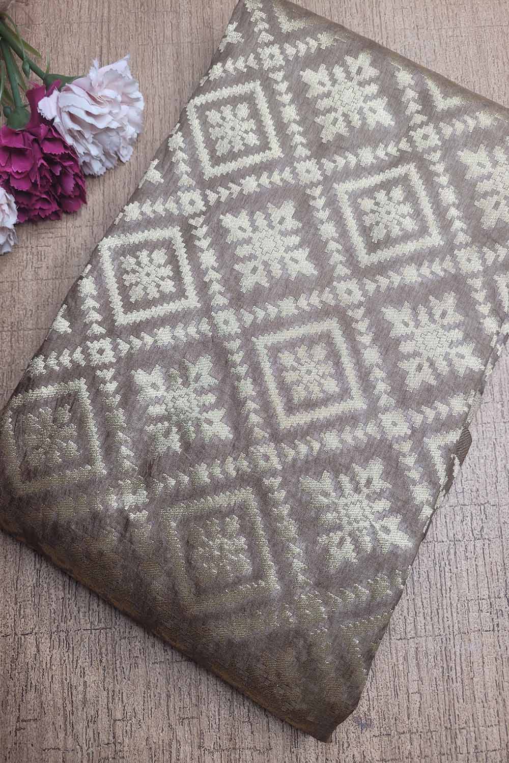 Browinsh Grey Banarasi Silk Fabric ( 1 Mtr ) - Luxurion World