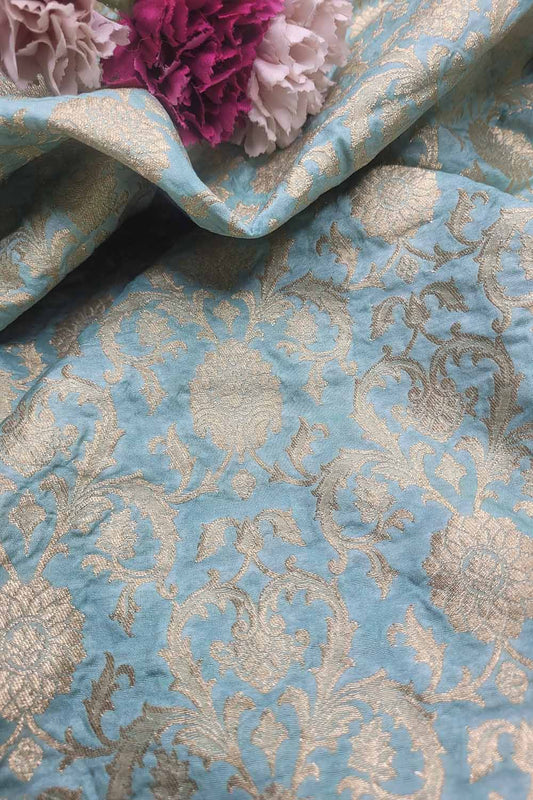 Blue Banarasi Silk Jaal Work Fabric - Luxurious and Elegant  ( 1 Mtr ) - Luxurion World