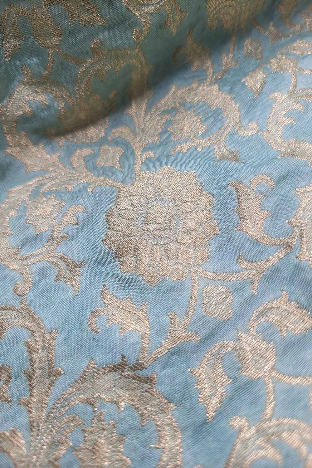 Blue Banarasi Silk Jaal Work Fabric - Luxurious and Elegant  ( 1 Mtr ) - Luxurion World