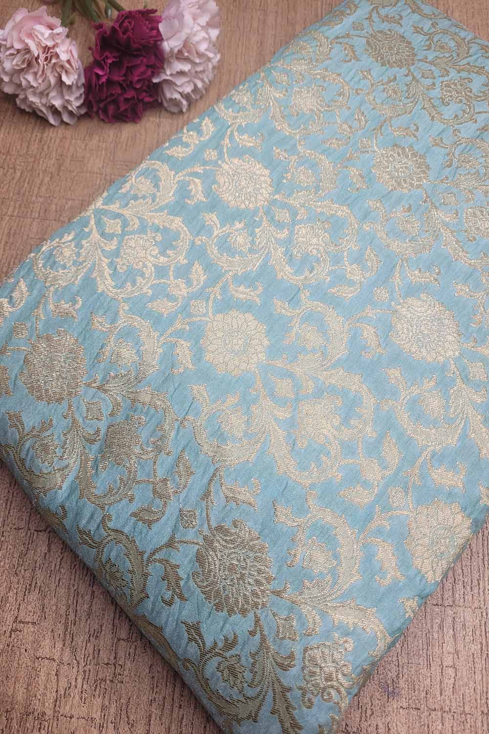 Blue Banarasi Silk Jaal Work Fabric - Luxurious and Elegant  ( 1 Mtr ) - Luxurion World