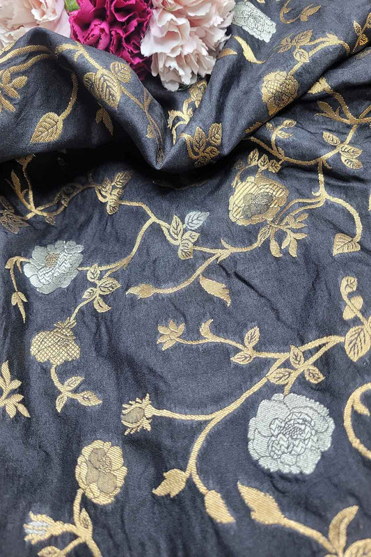 Exquisite Black Banarasi Silk Sona Roopa Fabric ( 1 Mtr ) - Luxurion World