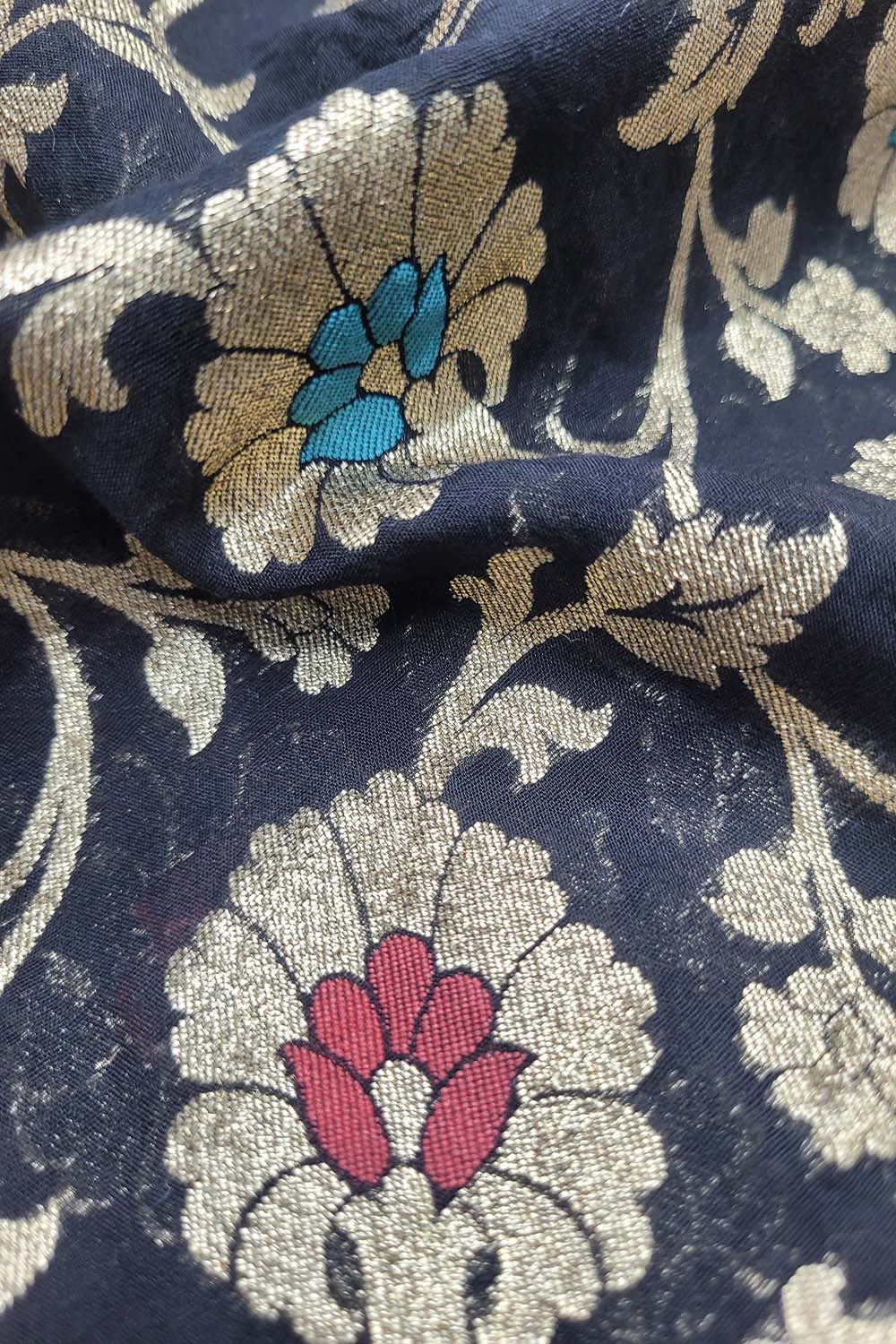 Black Banarasi Chanderi Silk Meenakari Fabric ( 1 Mtr ) - Luxurion World