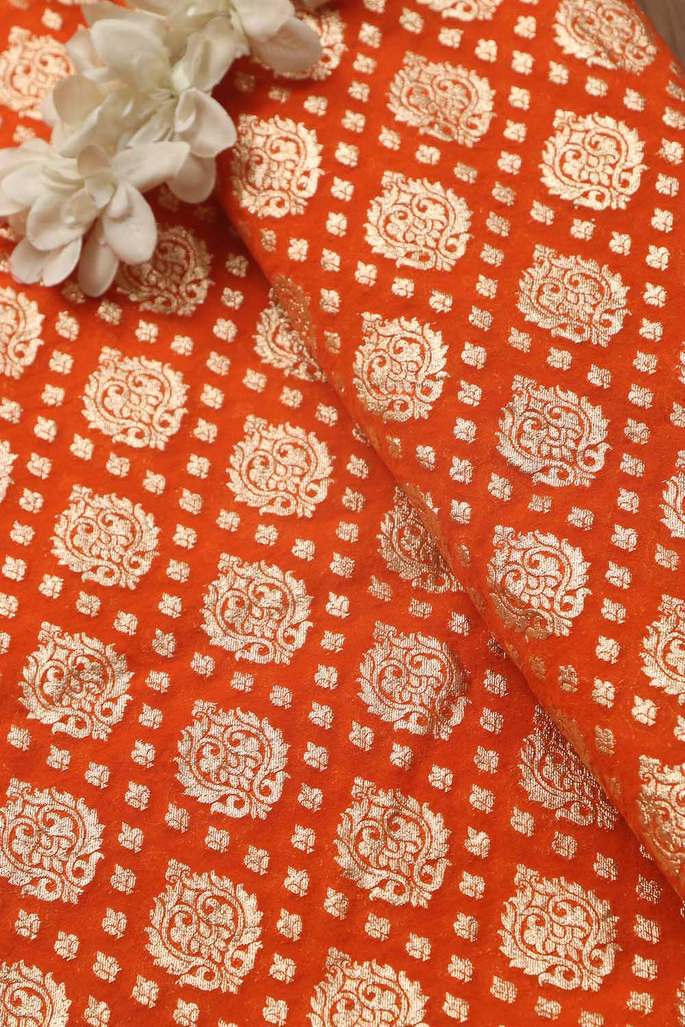 Luxurious Orange Banarasi Chanderi Silk Fabric ( 1 Mtr ) - Luxurion World