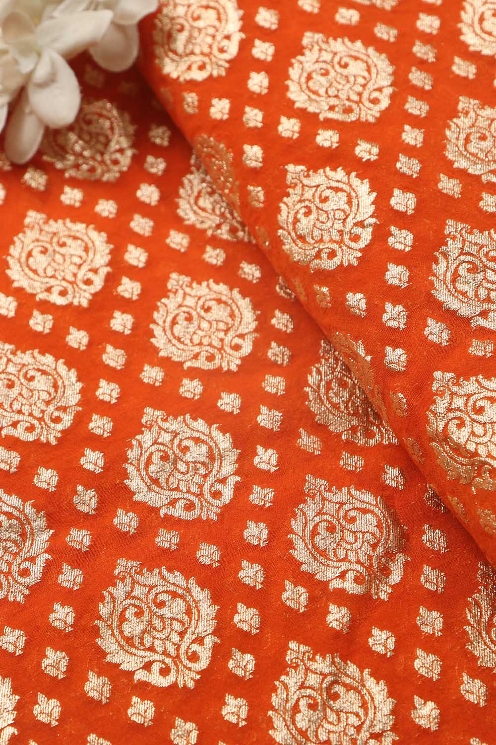 Luxurious Orange Banarasi Chanderi Silk Fabric ( 1 Mtr ) - Luxurion World