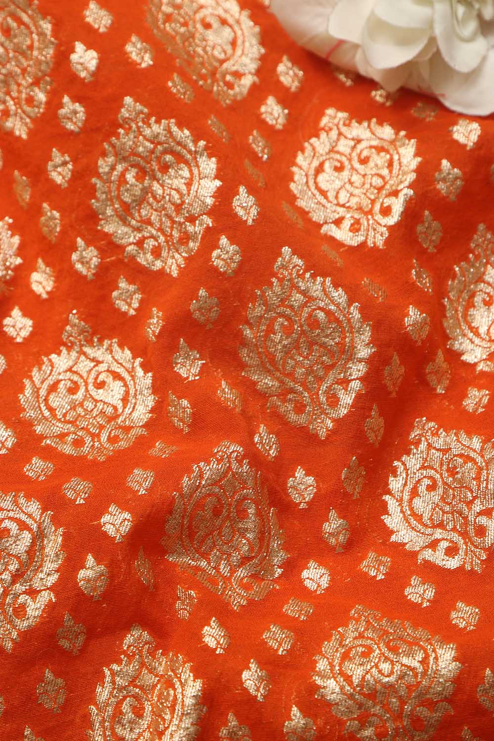 Luxurious Orange Banarasi Chanderi Silk Fabric ( 1 Mtr ) - Luxurion World