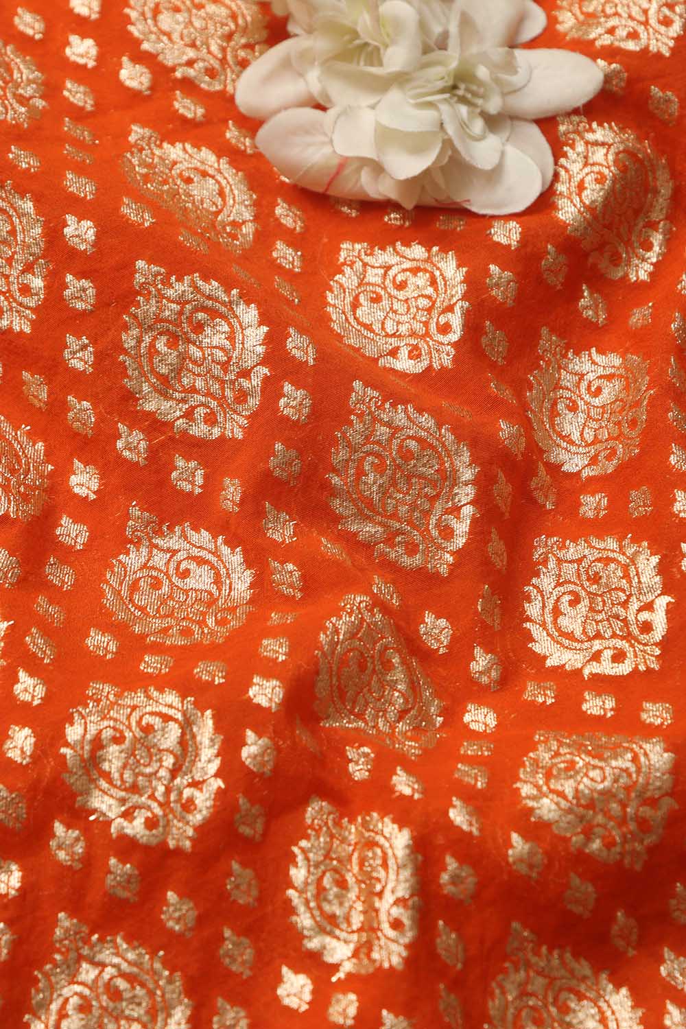 Luxurious Orange Banarasi Chanderi Silk Fabric ( 1 Mtr ) - Luxurion World