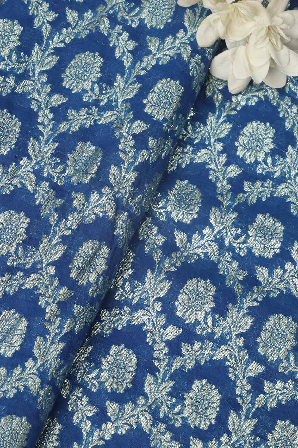 Elegant Blue Banarasi Chanderi Silk Fabric ( 1 Mtr ) - Luxurion World