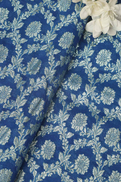 Elegant Blue Banarasi Chanderi Silk Fabric ( 1 Mtr ) - Luxurion World