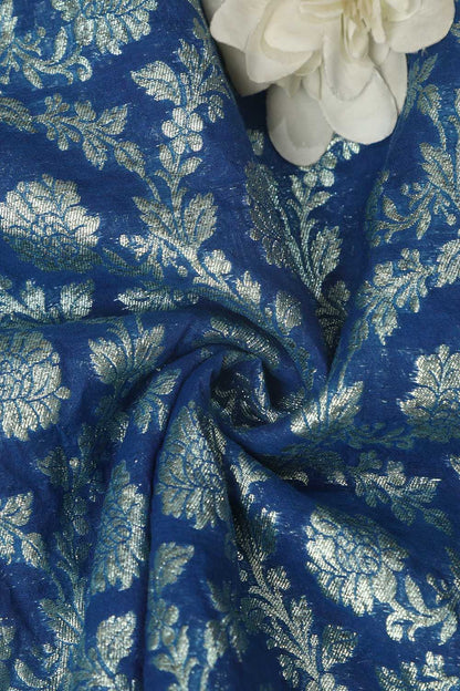 Elegant Blue Banarasi Chanderi Silk Fabric ( 1 Mtr ) - Luxurion World