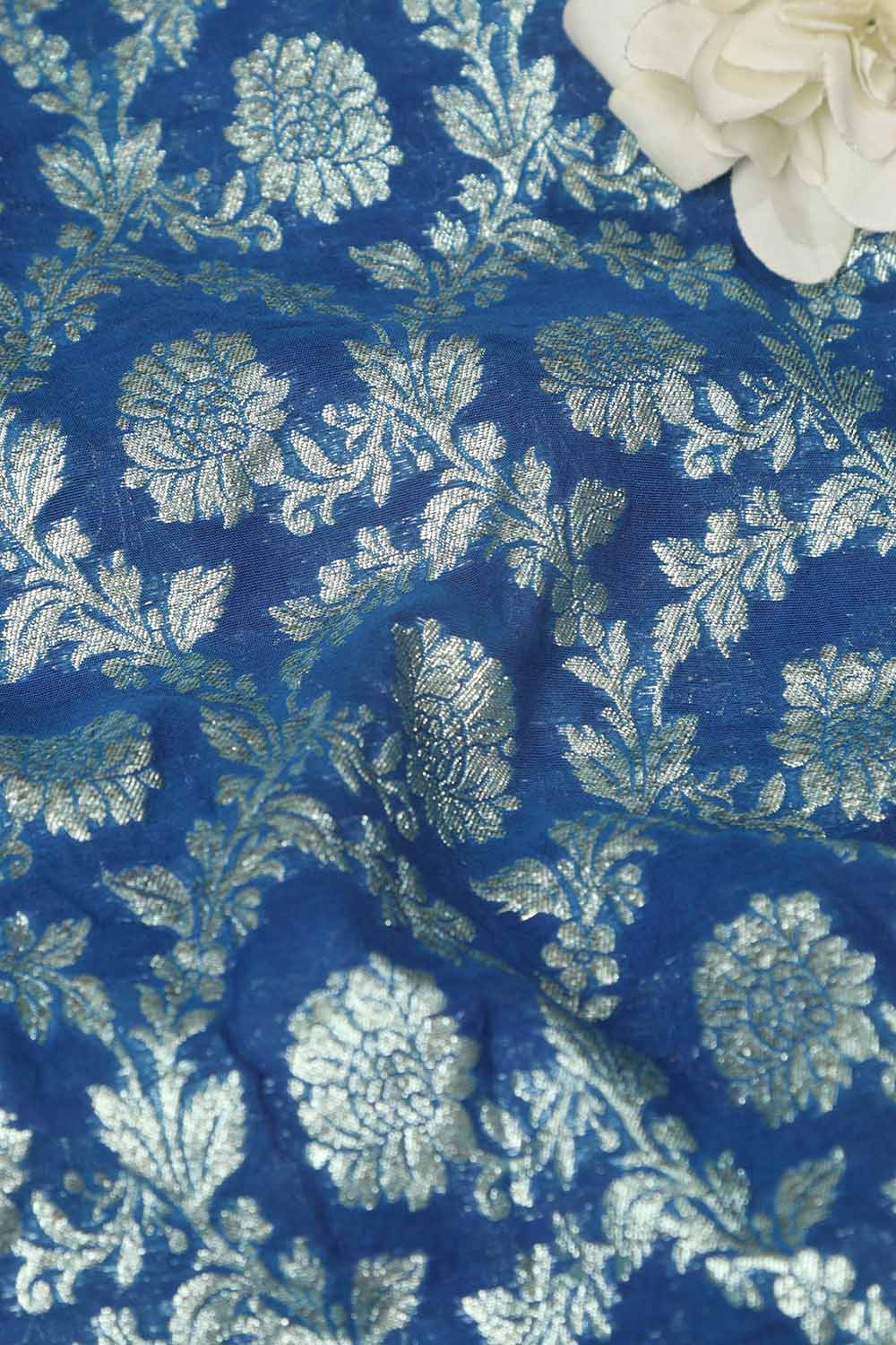 Elegant Blue Banarasi Chanderi Silk Fabric ( 1 Mtr ) - Luxurion World