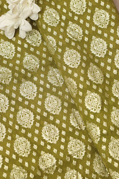 Green Banarasi Chanderi Silk Fabric ( 1 Mtr ) - Luxurion World