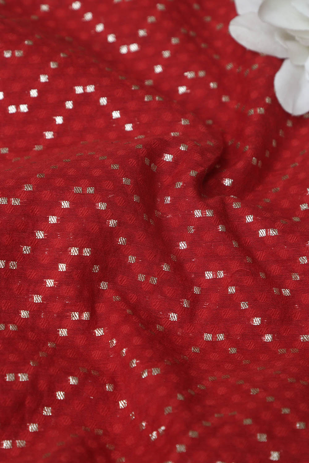 Red Banarasi Cotton Zig Zag Design Fabric ( 1 Mtr ) - Luxurion World