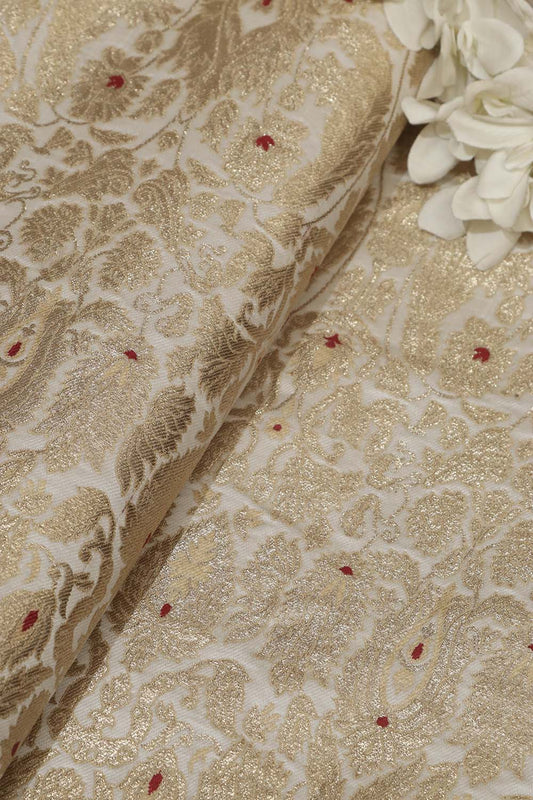 Elegant White Banarasi  Kimkhwab Silk Fabric ( 1 Mtr ) - Luxurion World