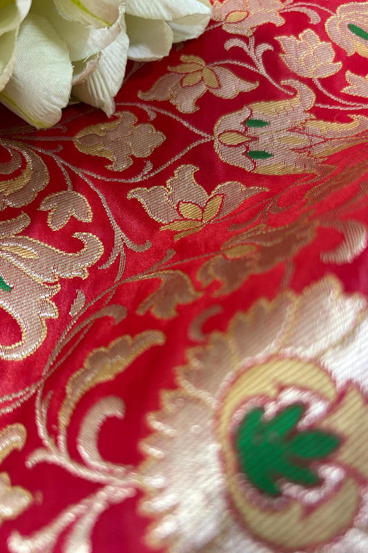 Red Banarasi KimKhwab Silk Fabric ( 1 Mtr ) - Luxurion World