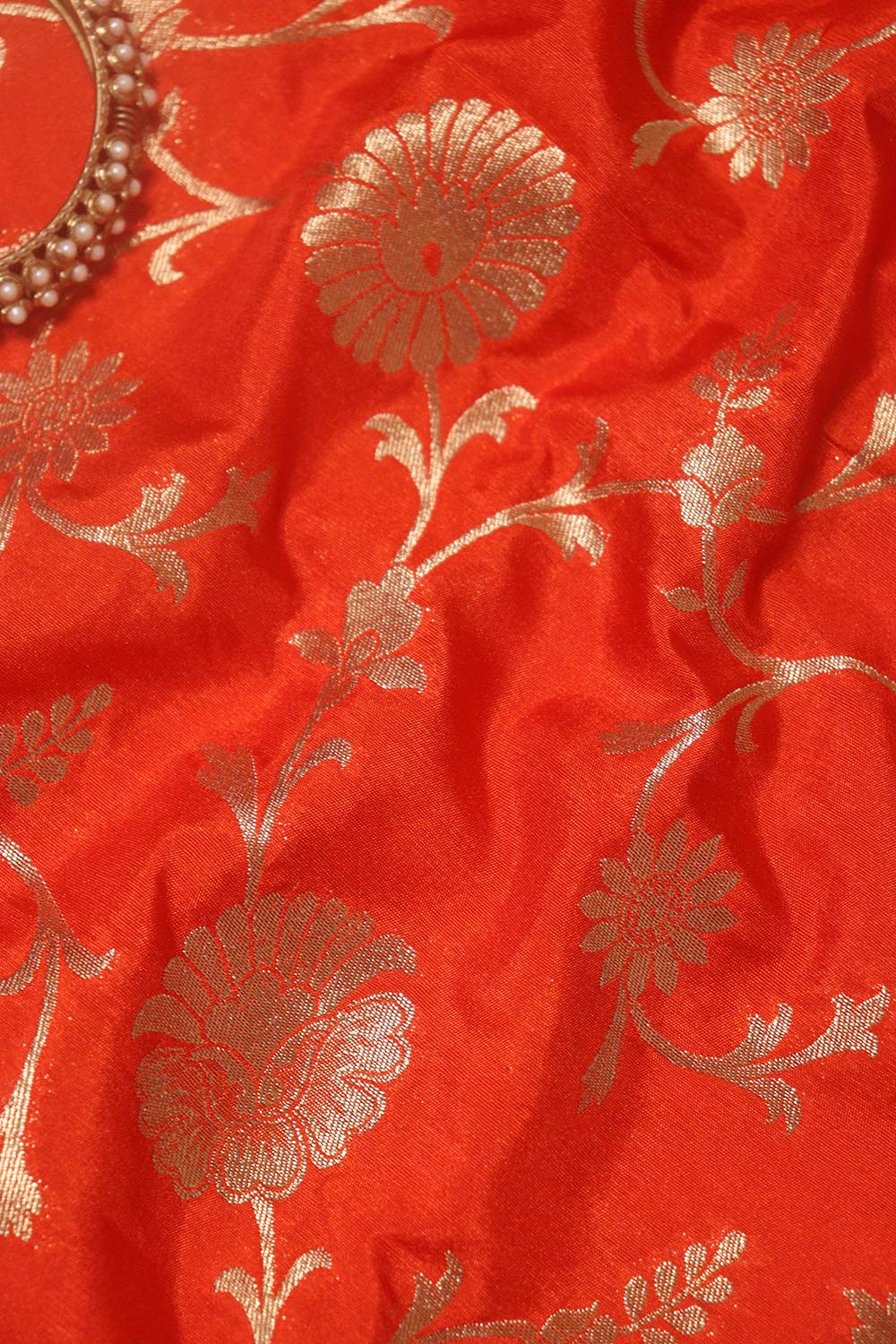 Orange Banarasi Brocade Silk Fabric ( 1 Mtr ) - Luxurion World