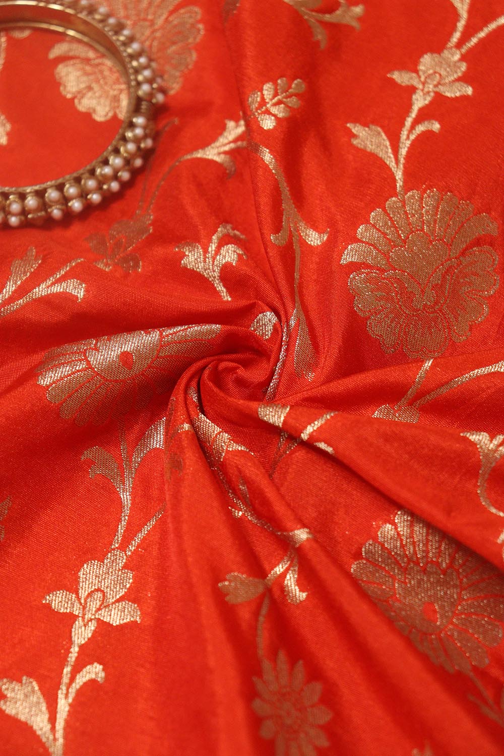 Orange Banarasi Brocade Silk Fabric ( 1 Mtr ) - Luxurion World