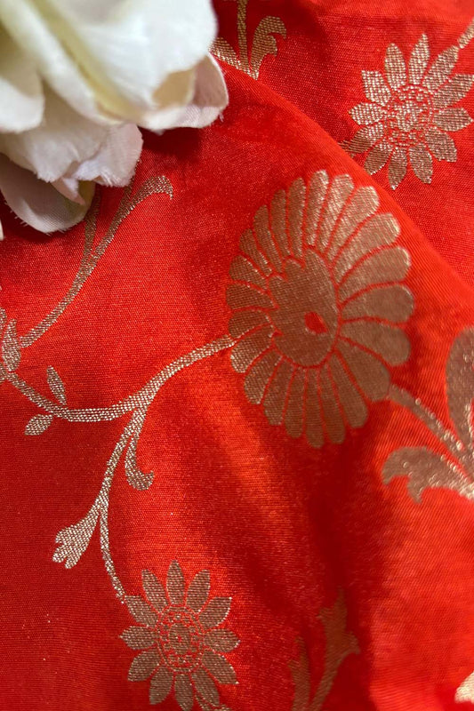 Orange Banarasi Brocade Silk Fabric ( 1 Mtr ) - Luxurion World