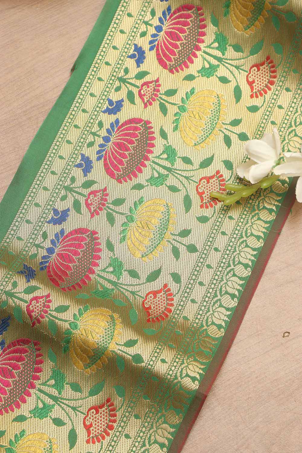 Green Paithani Silk Flower Design Lace ( 1 Mtr ) - Luxurion World