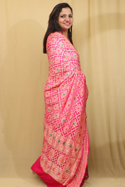 Stunning Pink Shaded Banarasi Bandhani Pure Georgette Meenakari Dupatta - Luxurion World