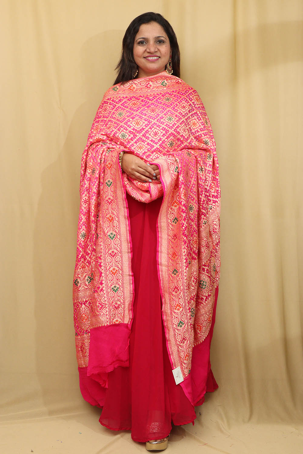 Stunning Pink Shaded Banarasi Bandhani Pure Georgette Meenakari Dupatta - Luxurion World