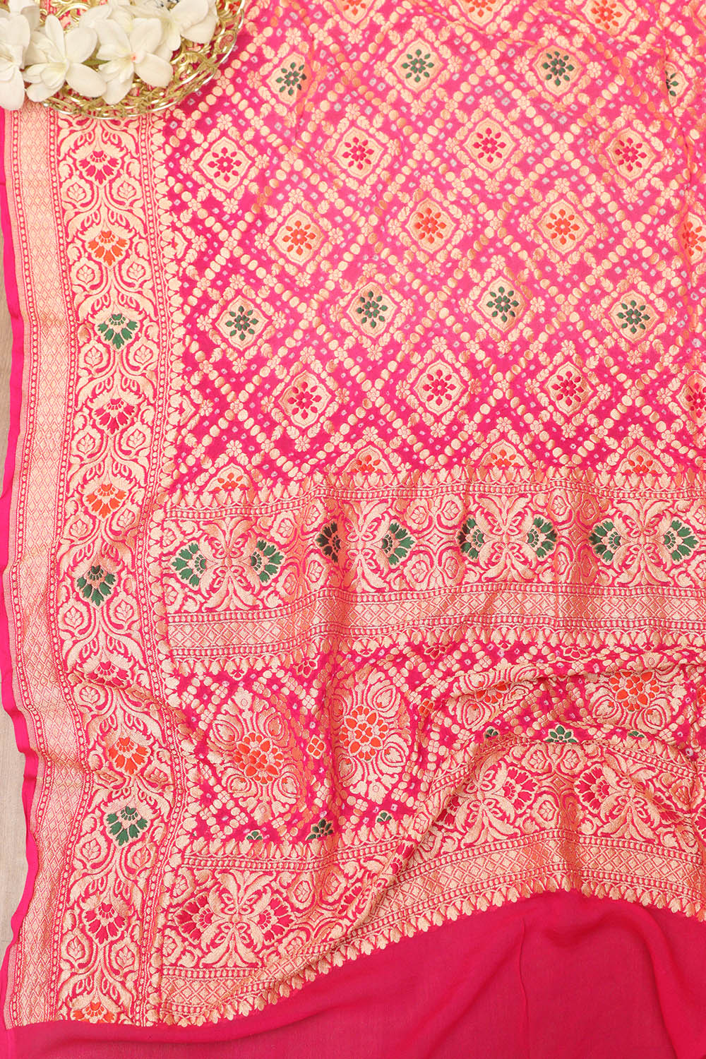 Stunning Pink Shaded Banarasi Bandhani Pure Georgette Meenakari Dupatta - Luxurion World