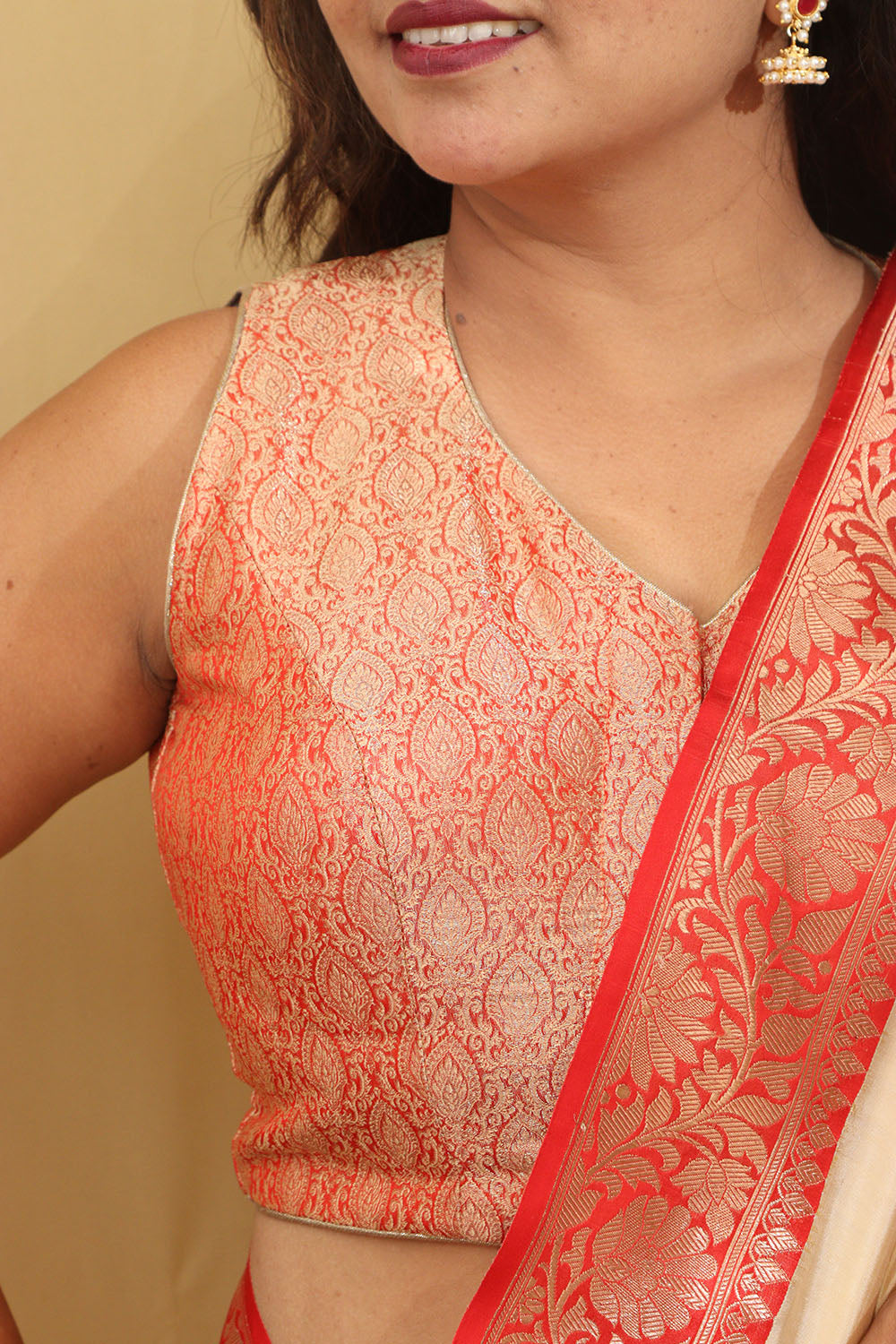 Orange Banarasi Brocade Silk Padded Blouse - Luxurion World