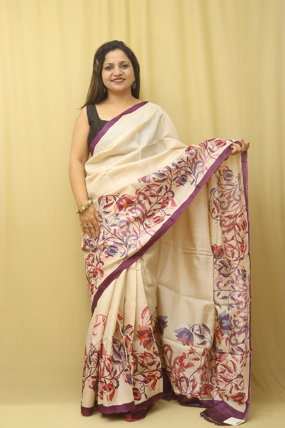 Yellow Tussar Printed Silk Saree - Luxurion World