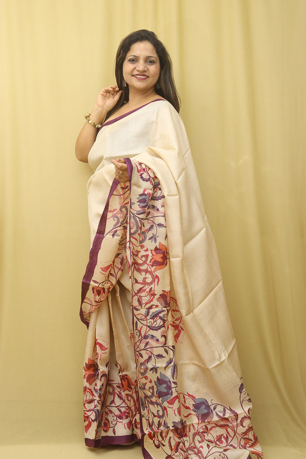 Yellow Tussar Printed Silk Saree - Luxurion World