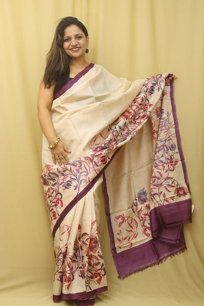 Yellow Tussar Printed Silk Saree - Luxurion World