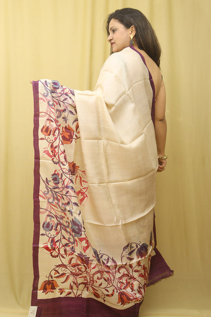 Yellow Tussar Printed Silk Saree - Luxurion World