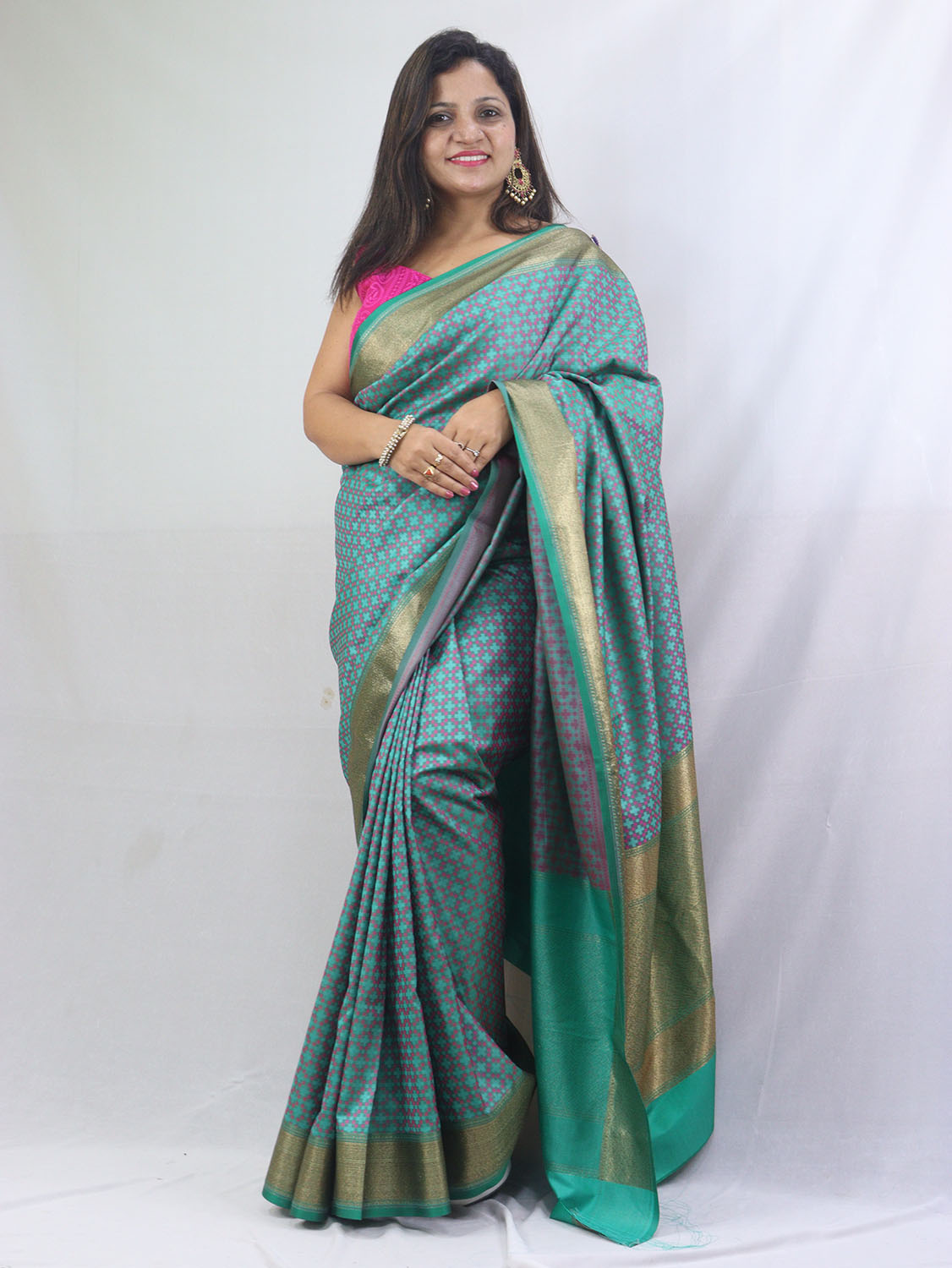 Island Blue Art Silk Saree Sari Fabric India Golden Border