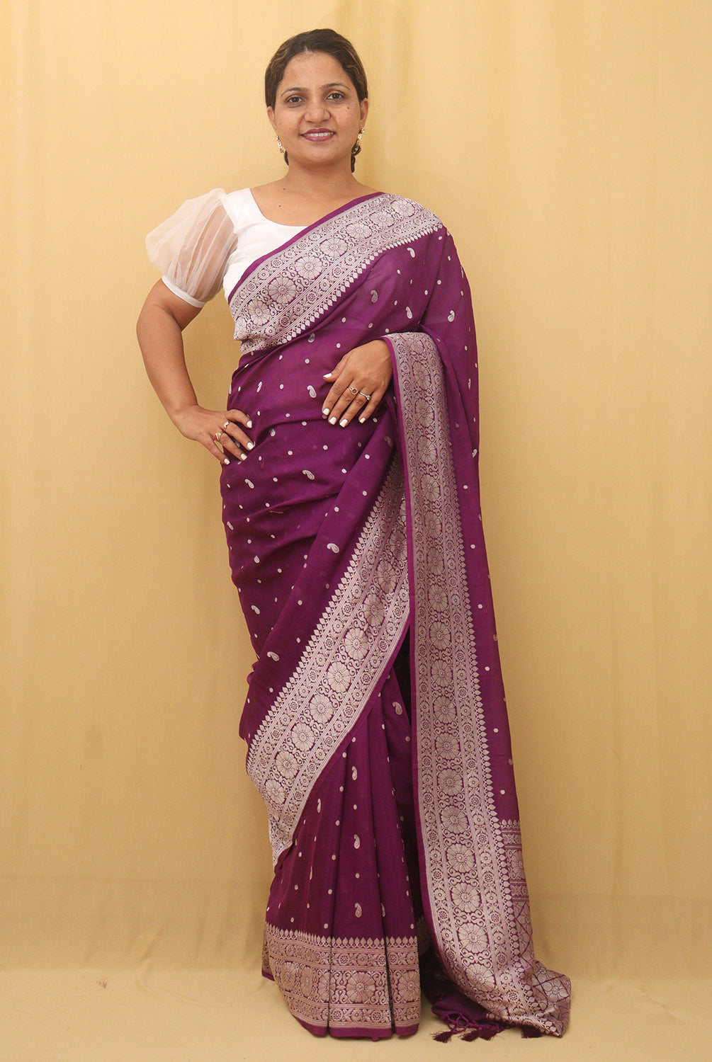 Purple Color Bollywood Banarasi Silk Saree and Silver and Gold Zari We –  Amirat