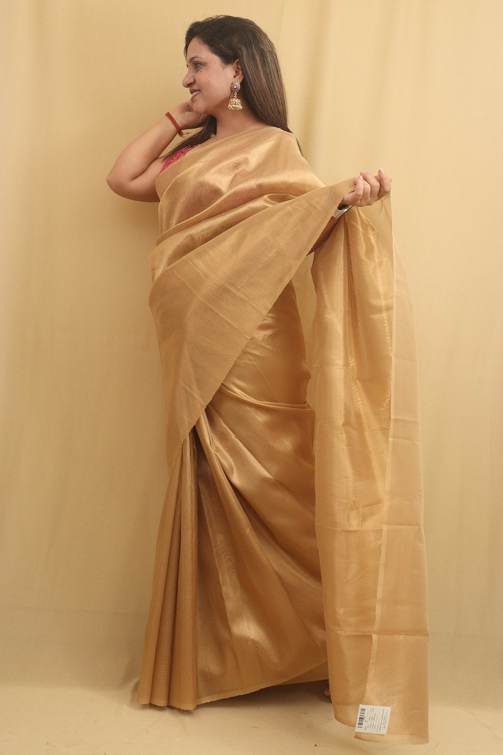 Banarasee Handwoven Plain Tissue Saree With Red Border-Gold