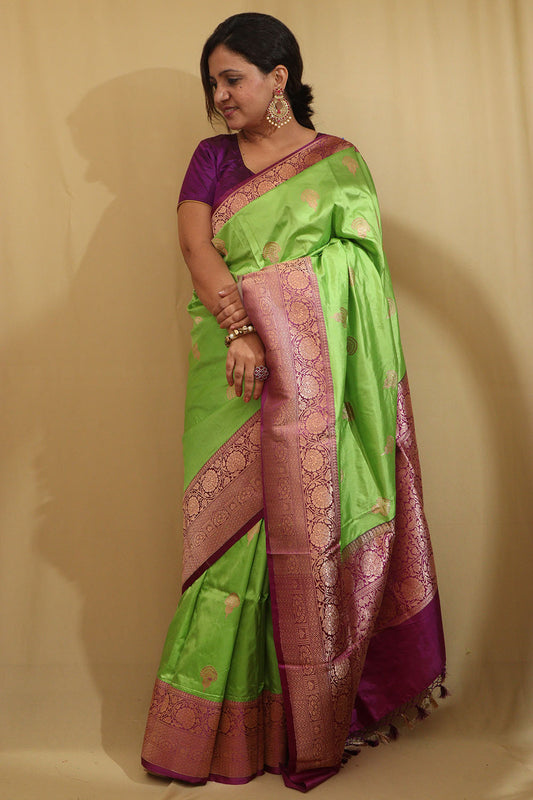Exquisite Green Banarasi Handloom Pure Katan Silk Saree